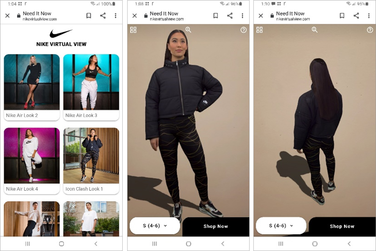 左：ヴァーチャルモデルを選ぶ　中・右：モデルの着用イメージ　出所：フィニッシュライン社アプリ上のナイキ・ヴァーチャルモデル