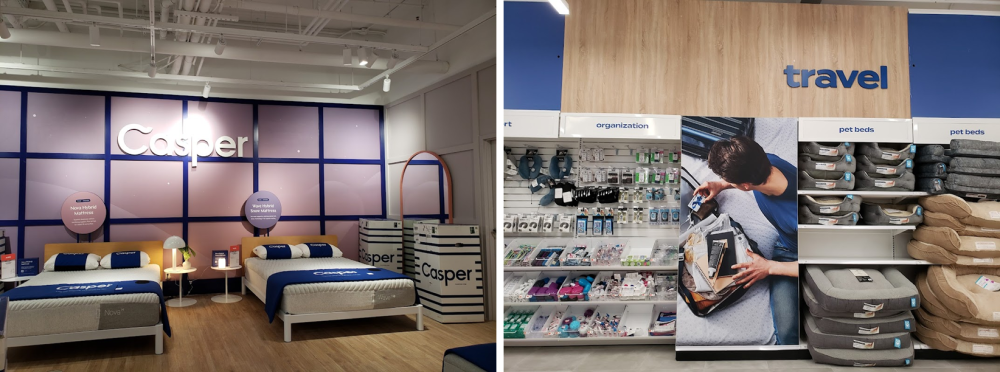 左：◆地下ベッド売場のインショップ「キャスパー・スリープショップ」　右：◆地下には新しくトラベル用品の売場ができ、ペット用ベッドも販売