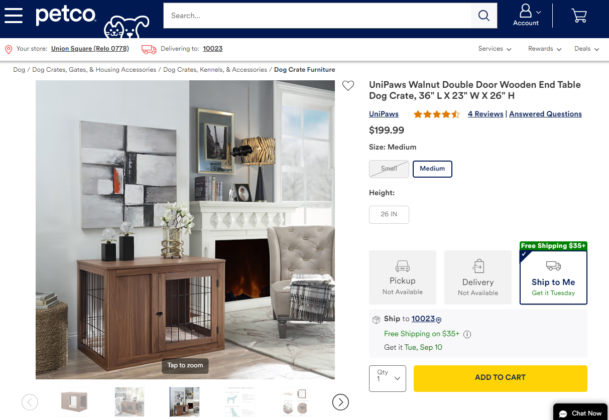 ペット用品大手ペトコはサイドテーブルとしても使える犬用クレートを販売　出典：ペトコ社ウェブサイトよりスクリーンショット、2024年9月3日