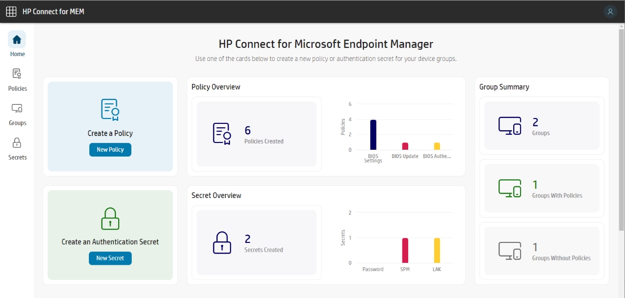 図1.HP Connect for Microsoft Endpoint ManagerのHomeタブ画面
