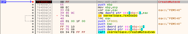 ミューテックスオブジェクト名PEM548でのCreateMutex呼び出し。ここで、0x548はEmotetプロセス15.exeのPIDです。