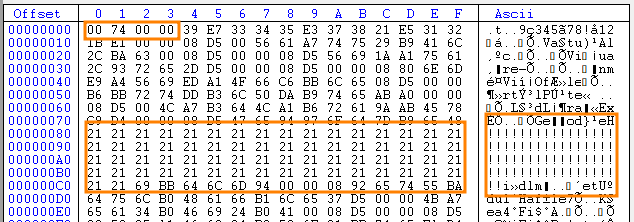 暗号化されたマルウェアを含むセクションのデータビュー