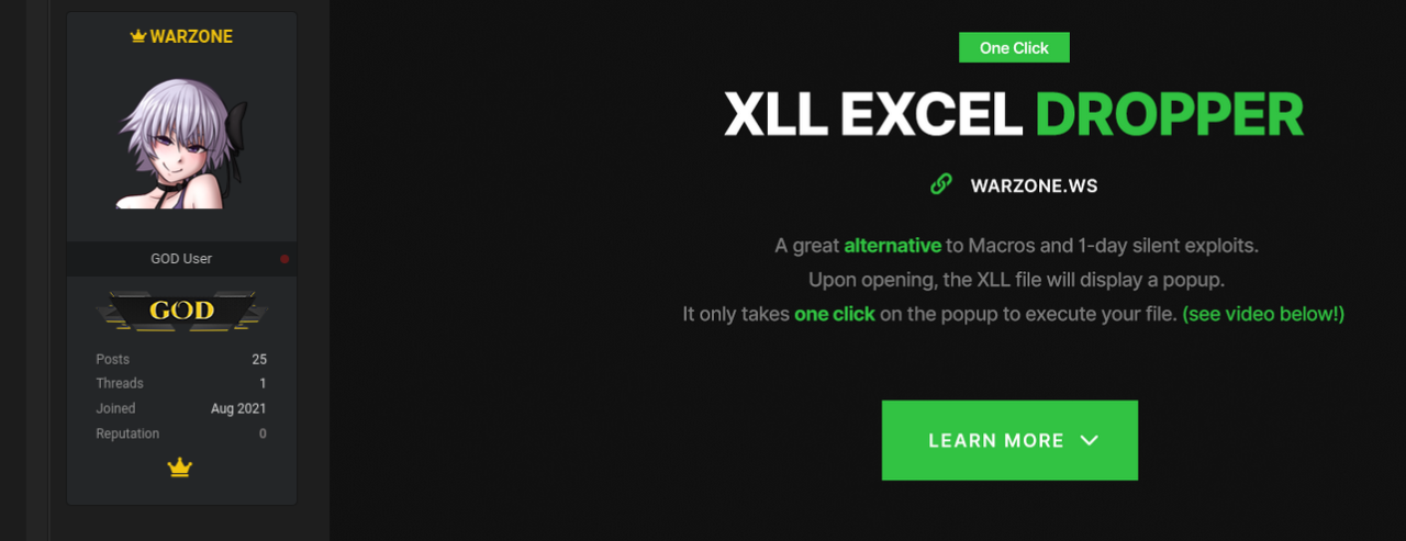 XLL Excelドロッパーを宣伝するフォーラムの投稿