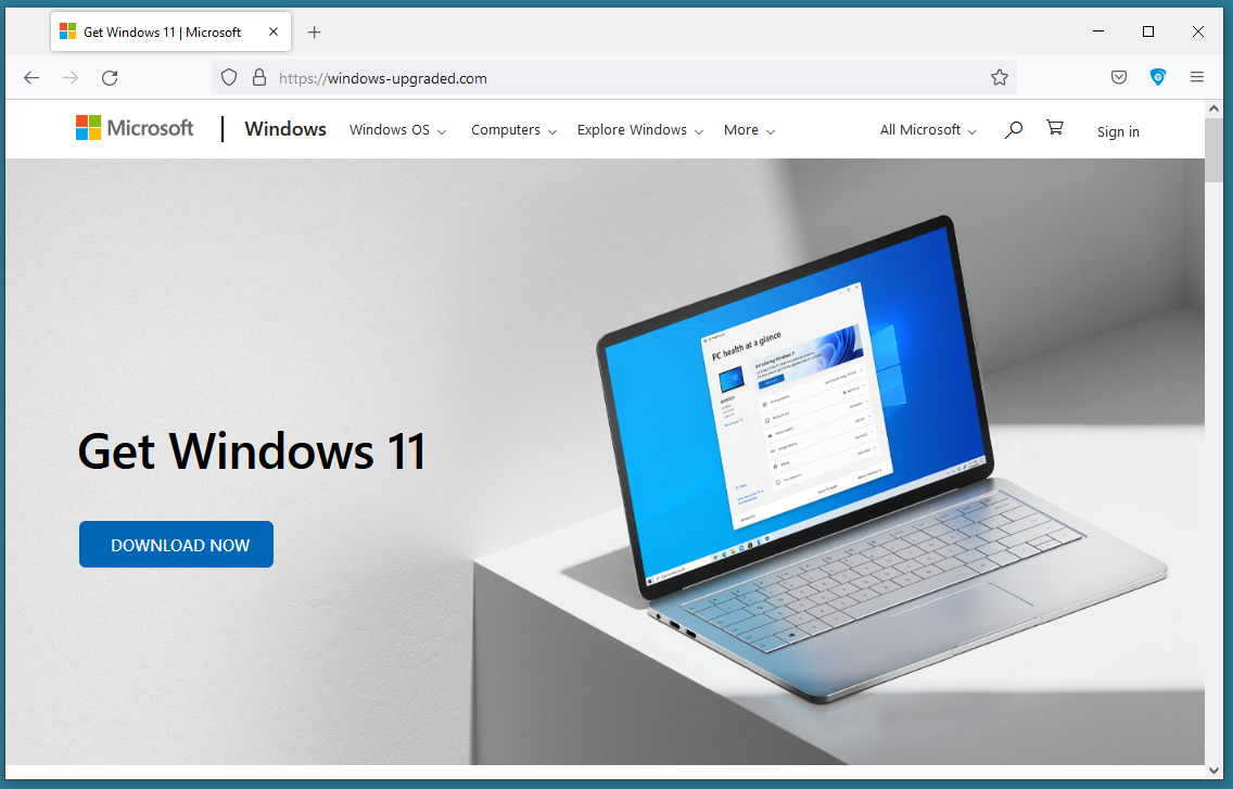 windows-upgraded[.]comにホスティングされた偽のWindows 11 Webサイト