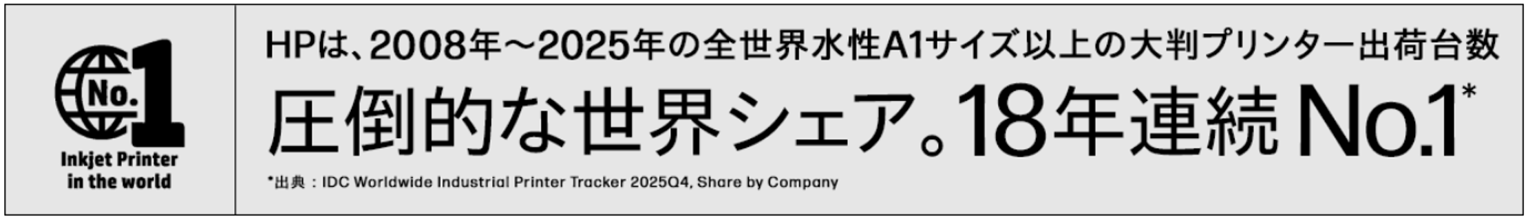 HPは、2008年~2025年の全世界水性A1サイズ以上の大判プリンター出荷台数 18年連続 No.1*