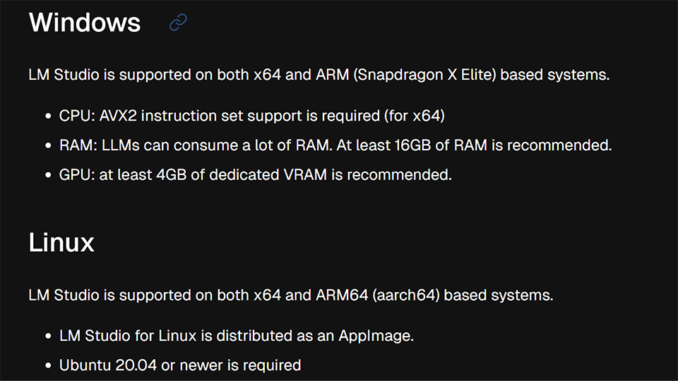 LM Studioのシステム要件一覧からの抜粋（出典：System Requirements | LM Studio Docs）