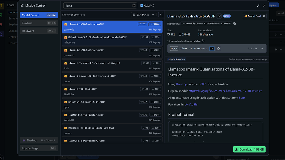 LM Studio「Mission Control」のModel Searchで“llama”を検索し、Llama-3.2-3B-Instruct-GGUF（Q4_K_S, 1.93 GB）を選択したダウンロード画面 （筆者環境での実行画面)