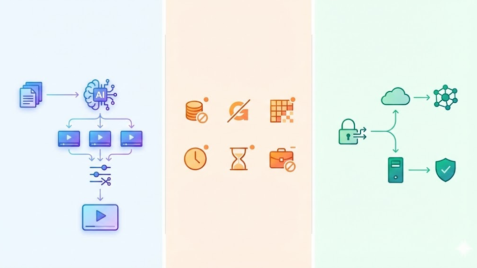 AI動画作成のプロセスと無料枠の制約、データ管理の全体像（画像：筆者作成）