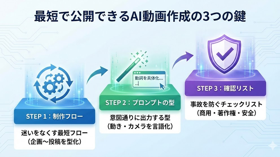 最短でAI動画を公開するための「3つの鍵」（画像：筆者作成）