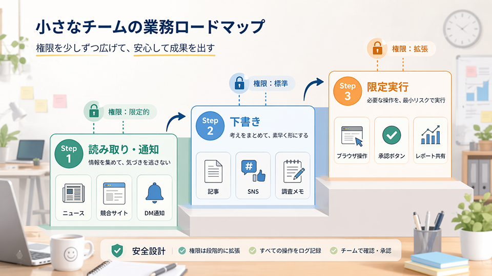 小規模チームが権限を段階的に広げて自動化を進める業務ロードマップ （画像：筆者作成）