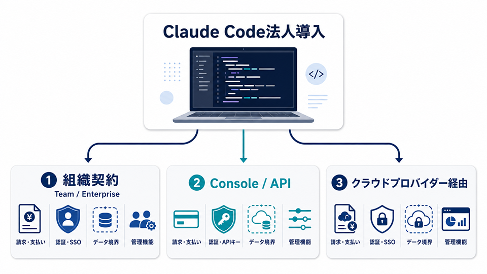 Claude Code法人導入の3つのルートと主な管理論点 出典:筆者作成(2026年5月、Anthropic公式資料を基に作成)