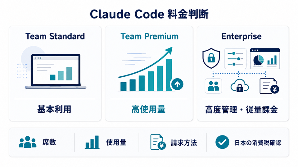 Claude Codeの料金判断に必要な3つの選択肢と確認ポイント(画像:筆者作成)