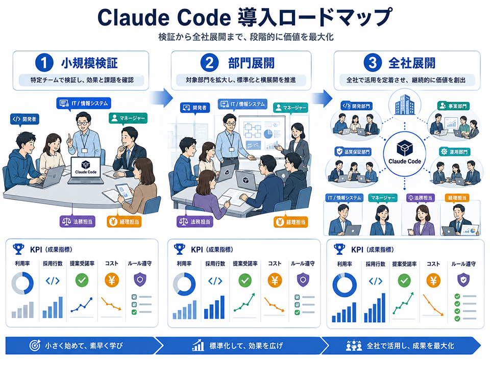 Claude Code導入を「小規模検証→部門展開→全社展開」で進める段階導入の全体像(画像:筆者作成)」
