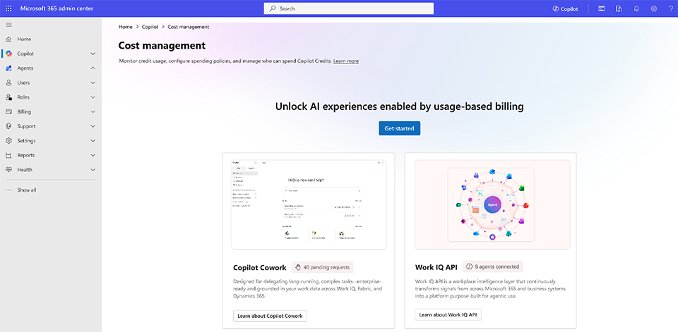 Microsoft 365 管理センターのコスト管理ダッシュボード(出典:Microsoft Learn「使用量ベースの課金によって有効になるAIエクスペリエンスの管理」https://learn.microsoft.com/ja-jp/microsoft-365/copilot/usage-based-billing-manage-copilot-credits、CC BY 4.0、2026年7月7日取得)