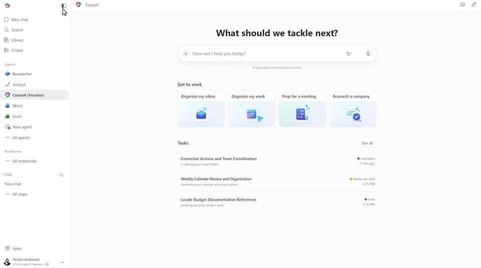 Copilot Cowork のトップページ 引用：https://www.youtube.com/watch?v=h7nv7OCfsCY&t=9s