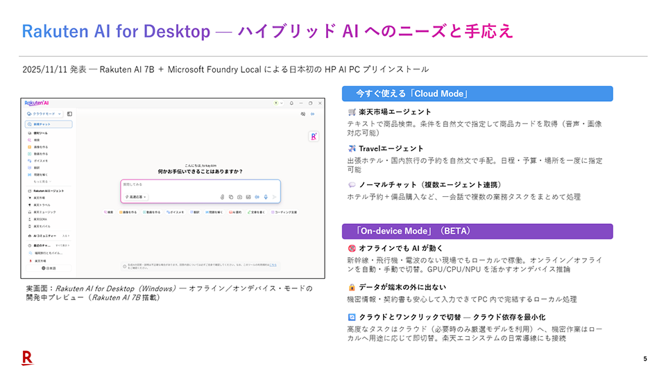 クラウドとローカルを使い分けることができる「Rakuten AI for Desktop」