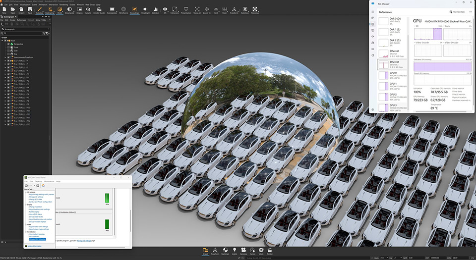 図3　HP Z8 Fury G5 Workstationに、NVIDIA RTX PRO 6000 Blackwell Max-Q Workstation Editionを4枚搭載した環境を用いたリアルタイムレンダリングのデモの様子［クリックで拡大］
