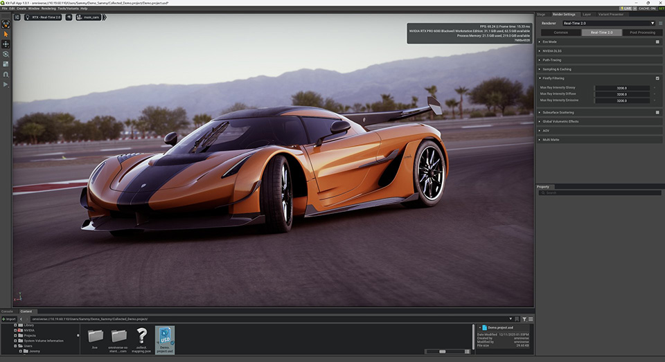 図4　HP Z6 G5 A Workstationに、NVIDIA RTX PRO 6000 Blackwell Workstation Editionを1枚搭載した環境を用いて、NVIDIA Omniverse上で自動車のリアルタイムビジュアライゼーションを実行している様子［クリックで拡大］