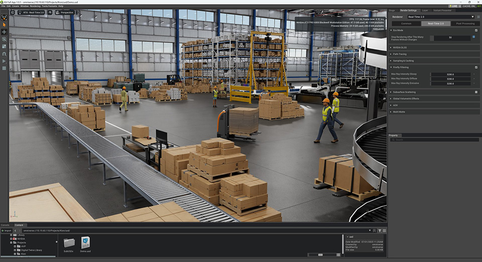 図5　図4と同じマシン構成を用いて、NVIDIA Omniverse上で工場のデジタルツイン環境をリアルタイムビジュアライゼーションしている様子［クリックで拡大］