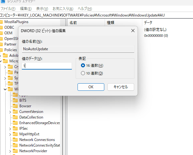 値の名前を「NoAutoUpdate」とし、値のデータを「1」に変更して「OK」