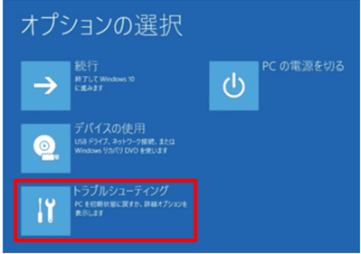 Windows 回復環境でオプションの選択画面が表示されたら「トラブルシューティング」を選ぶ