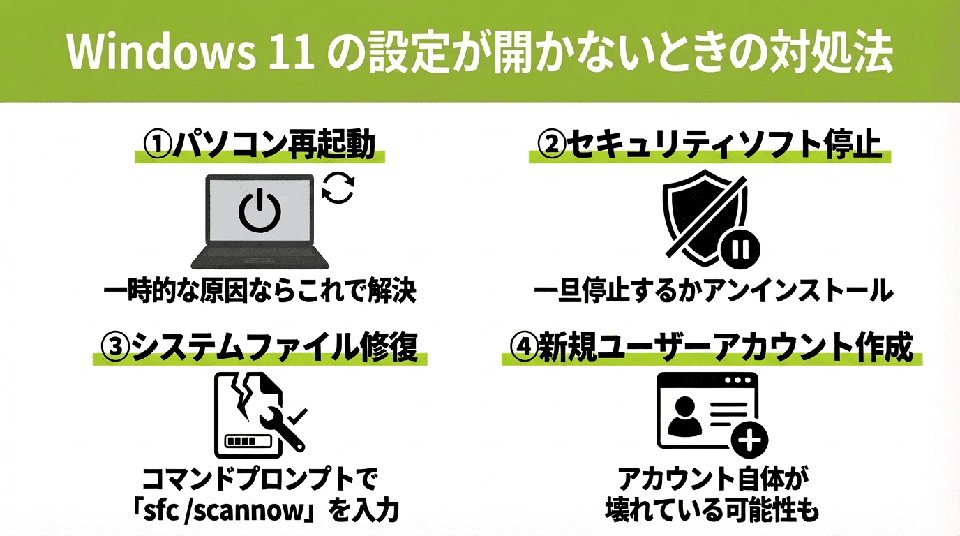 Windows 11 の設定が開かないときはどうする？原因と対処法